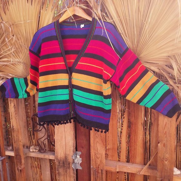 Vintage 80s V-neck Cardigan Ladies -S Pom Pom Fringe Bold Rainbow Striped Cotton - Picture 2 of 12